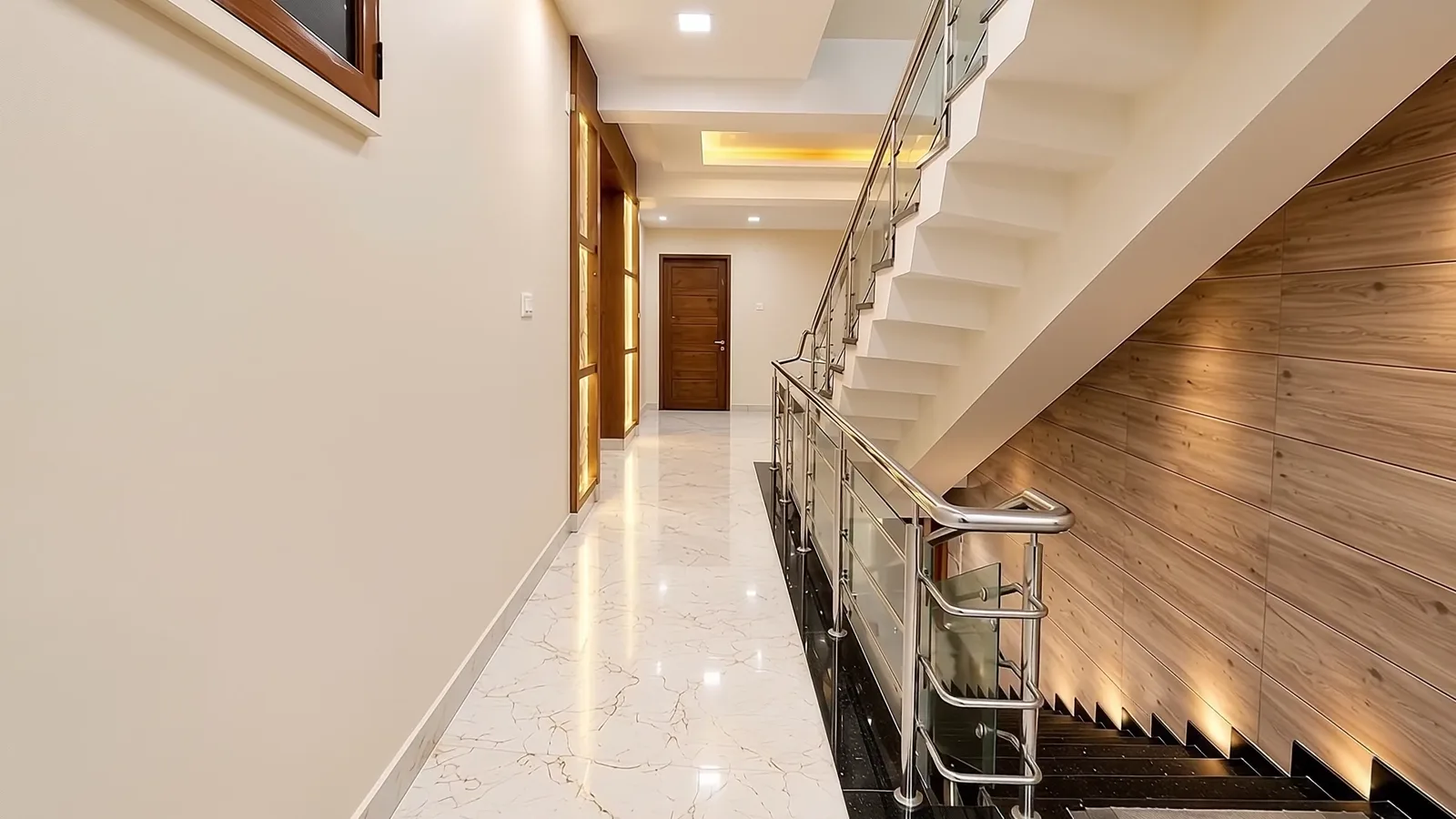 Bright marble corridor with a teak-panelled staircase wall